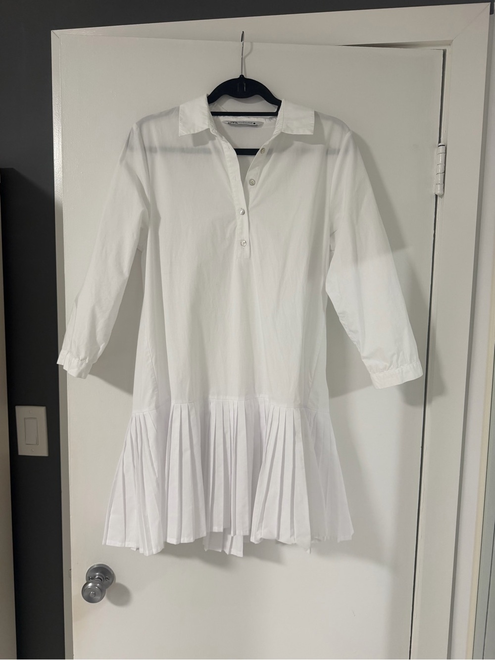 Zara White Collared Mini Dress with Pleated Hem